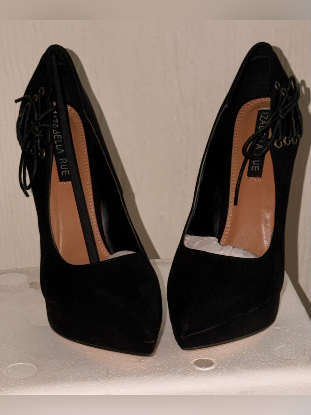 Izabella Rue Black Suede Pointed Toe Lace-Up Pumps